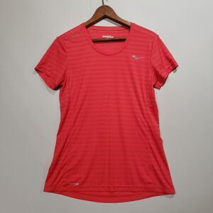 Saucony Womens RunDry Bright Pink Coral Striped Running Shirt Reflective M